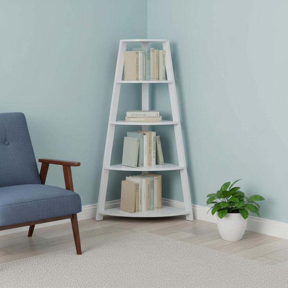 White Wood Four Tier Corner Bookcase
