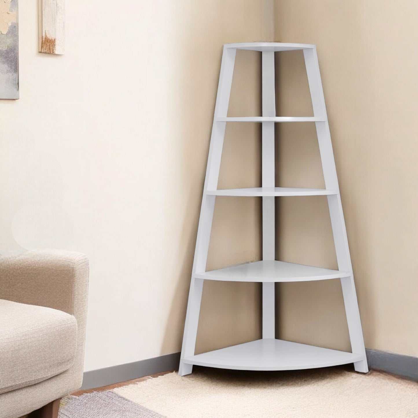 White Wood Four Tier Corner Bookcase