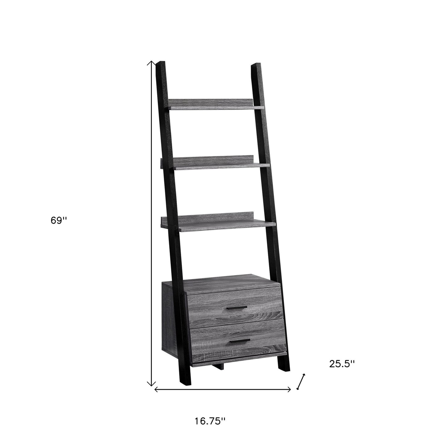 69" Gray and Black Wood Ladder Bookcase With Two drawers