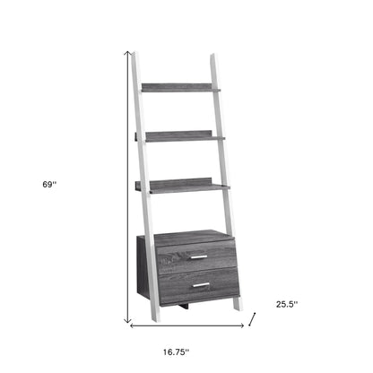 69" Gray and Black Wood Ladder Bookcase With Two drawers