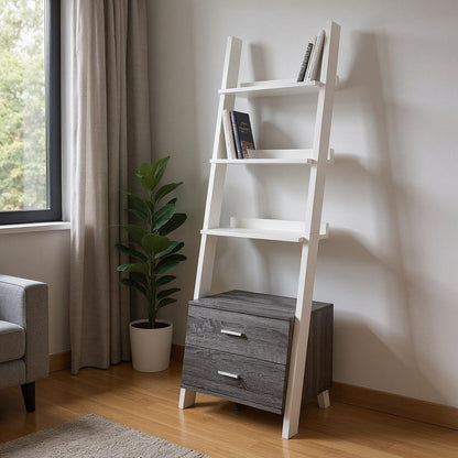 69" Gray and White Wood Ladder Bookcase With Two drawers