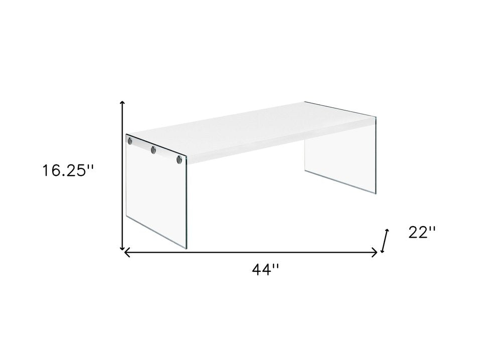 44" White And Clear Wood And Glass Coffee Table