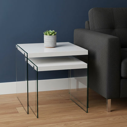 35.5" Glossy White Particle Board And Clear Glass Two Pieces Nesting Table Set