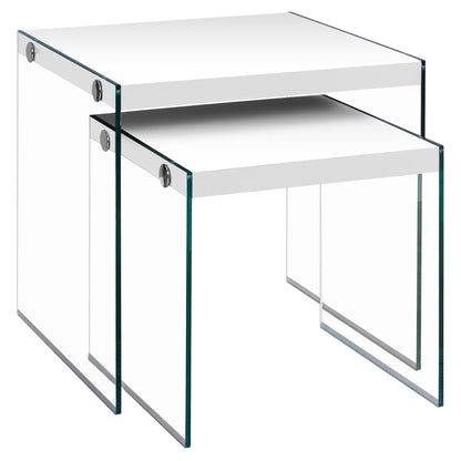 35.5" Glossy White Particle Board And Clear Glass Two Pieces Nesting Table Set