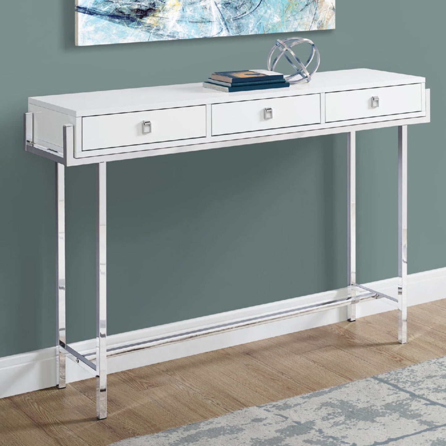 48" White and Silver Console Table And Drawers