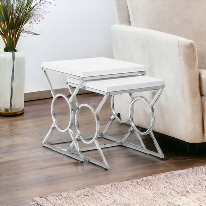 Set of Two 43" Silver And White Nested Tables