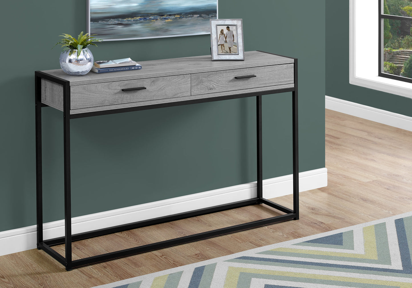 48" Gray and Black Frame Console Table And Drawers