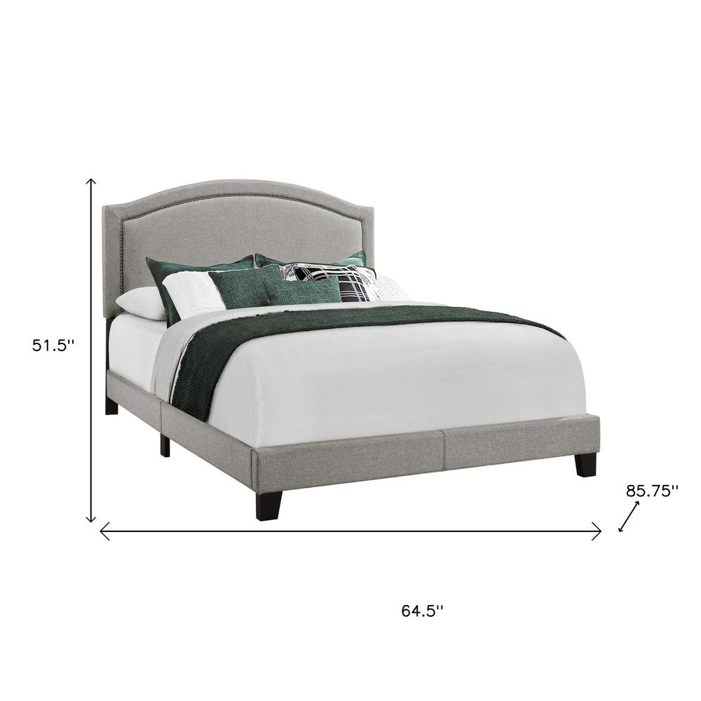 Gray Solid Wood Queen Upholstered Linen Bed Frame with Nailhead Trim
