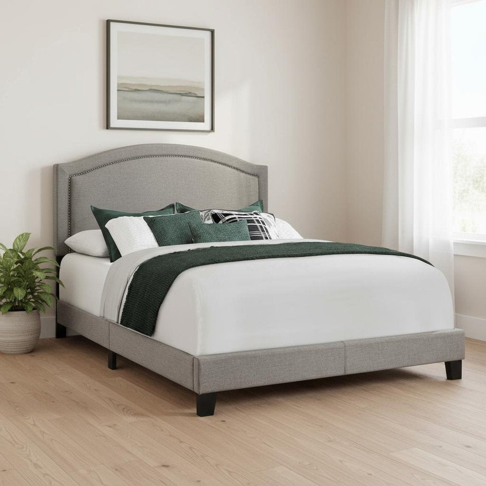 Gray Solid Wood Queen Upholstered Linen Bed Frame with Nailhead Trim