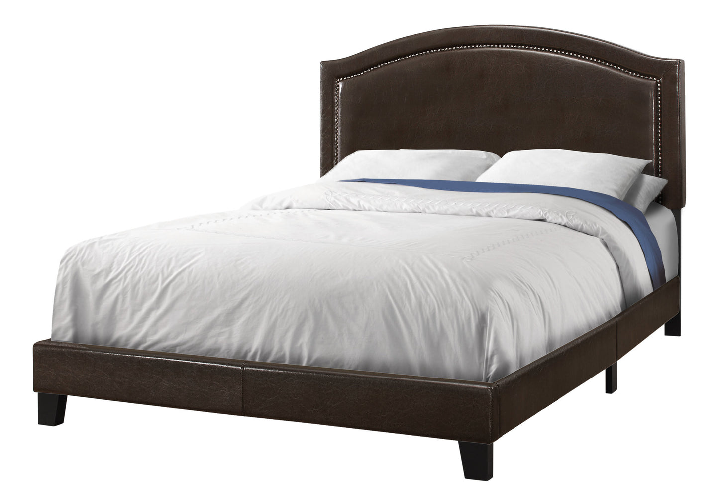 Brown Solid Wood Queen Upholstered Linen Bed Frame with Nailhead Trim