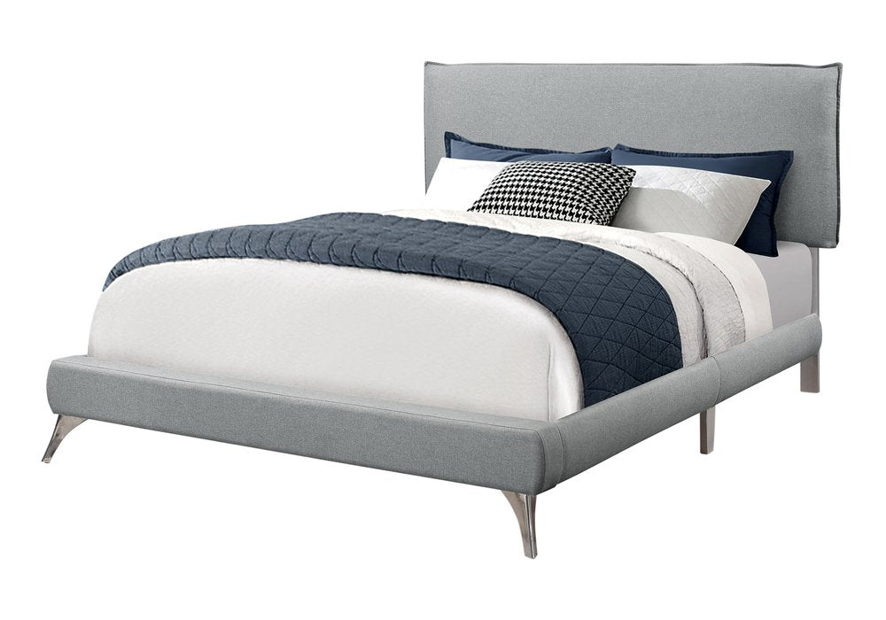 Gray Solid Wood Queen Upholstered Linen Bed Frame with Nailhead Trim