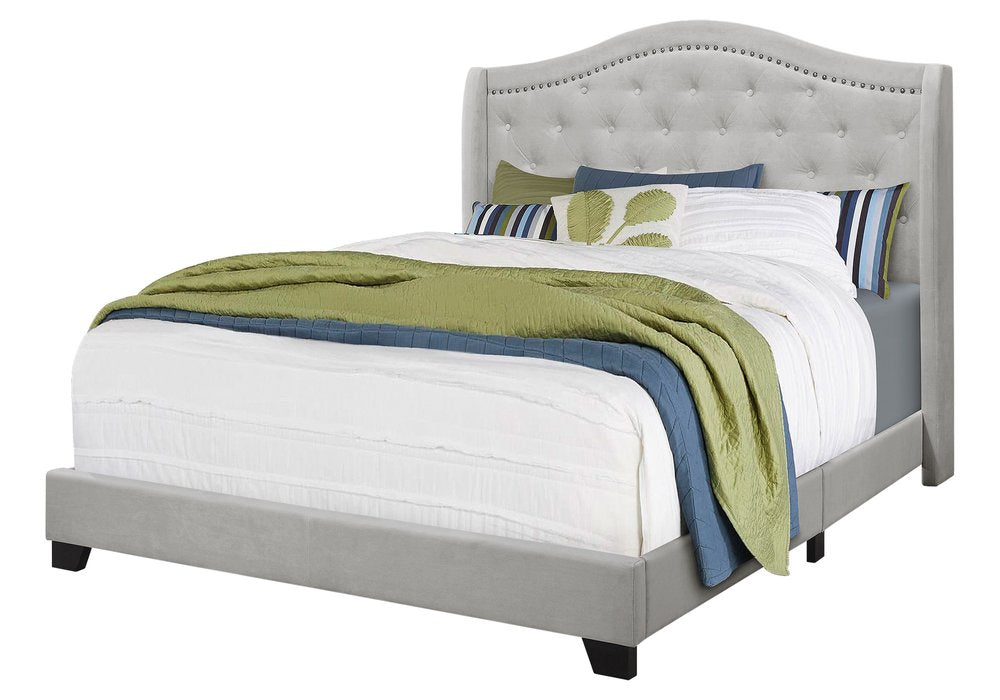 Light Gray and Gray Wood Tufted Upholstered Queen Bed Frame with Nailhead Trim