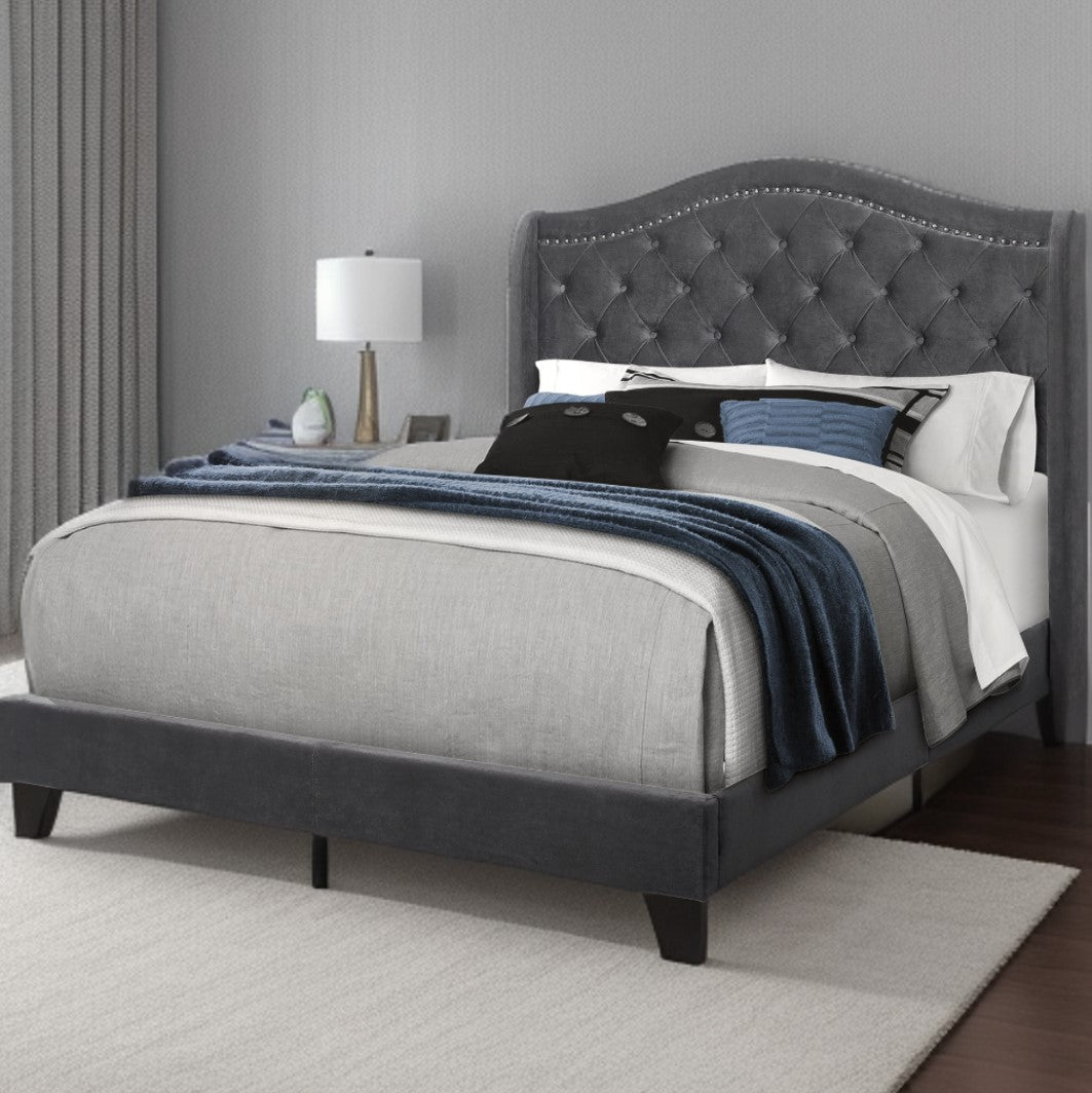 Tufted Light Gray Standard Bed Upholstered With Nailhead Trim And With Headboard