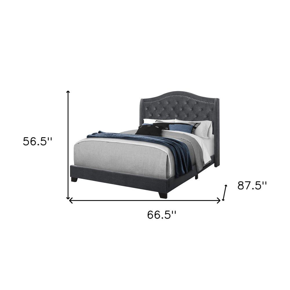 Light Gray and Gray Wood Tufted Upholstered Queen Bed Frame with Nailhead Trim