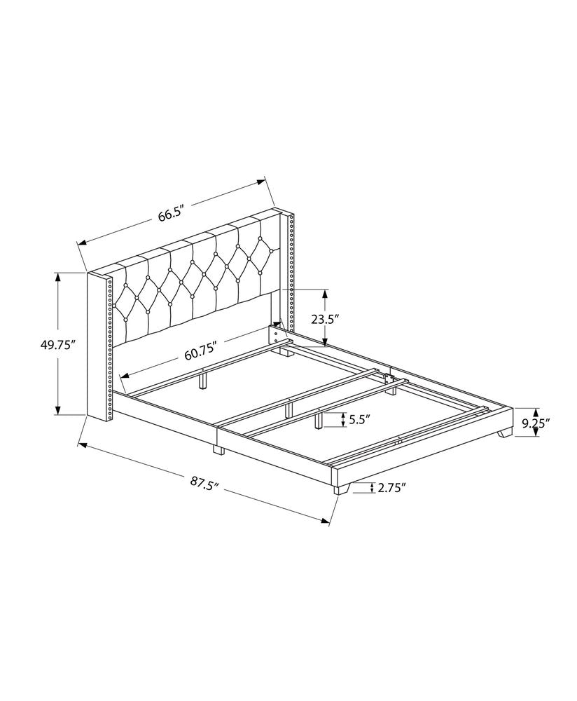 Gray Solid Wood And Tufted Linen Queen Bed Frame with Nailhead Trim
