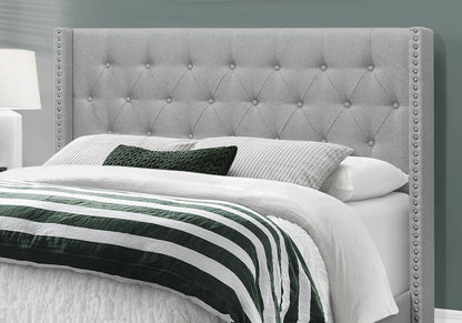 Gray Solid Wood And Tufted Linen Queen Bed Frame with Nailhead Trim