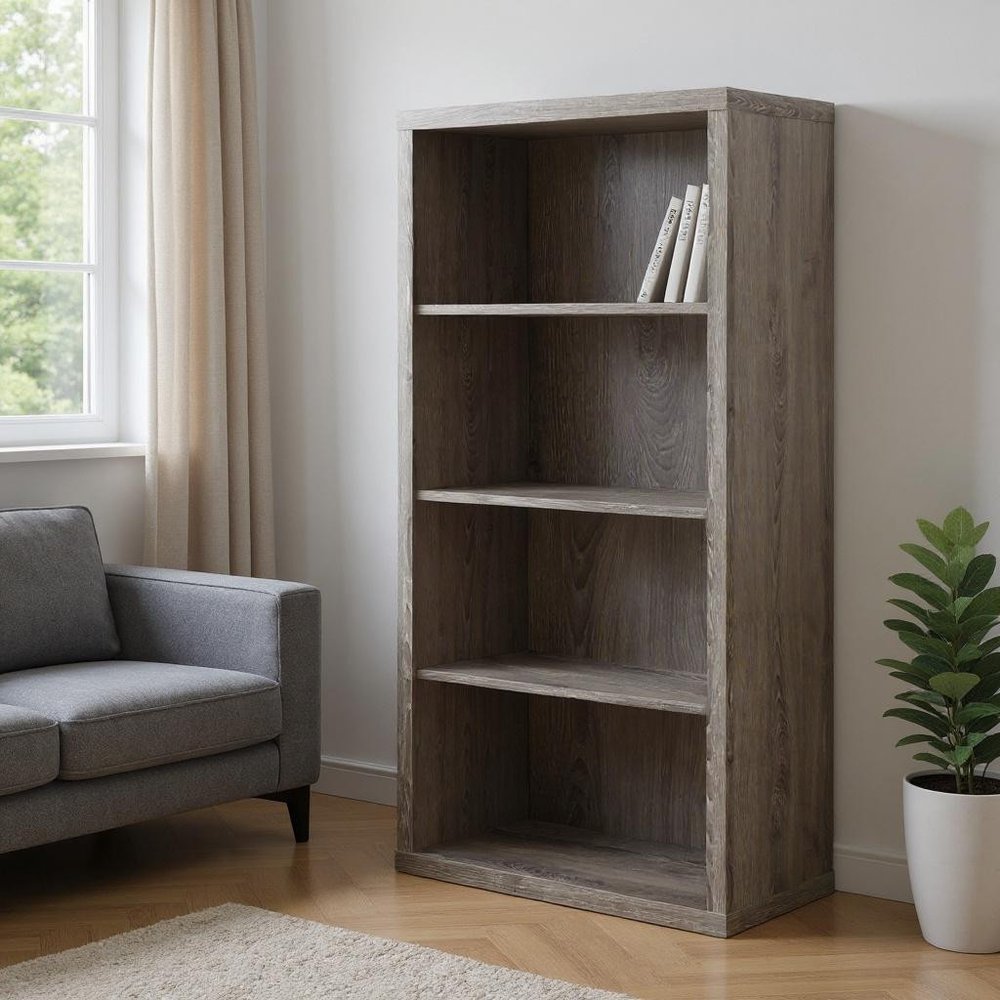 48" Black And Gray Distressed Wood Adjustable Four Tier Bookcase