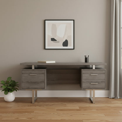 24" Taupe and Silver Computer Desk With Three Drawers