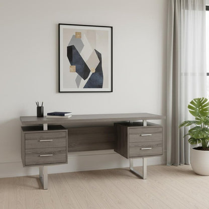 24" Taupe and Silver Computer Desk With Three Drawers