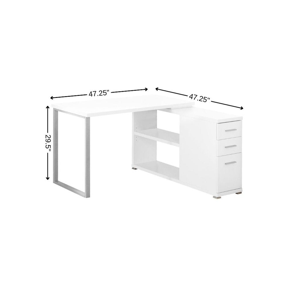 47" White and Silver L Shape Computer Desk With Three Drawers