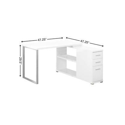 47" White and Silver L Shape Computer Desk With Three Drawers