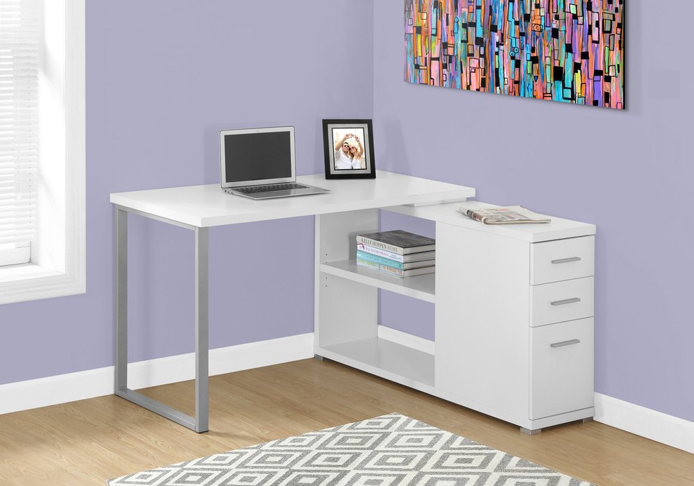 47" White and Silver L Shape Computer Desk With Three Drawers