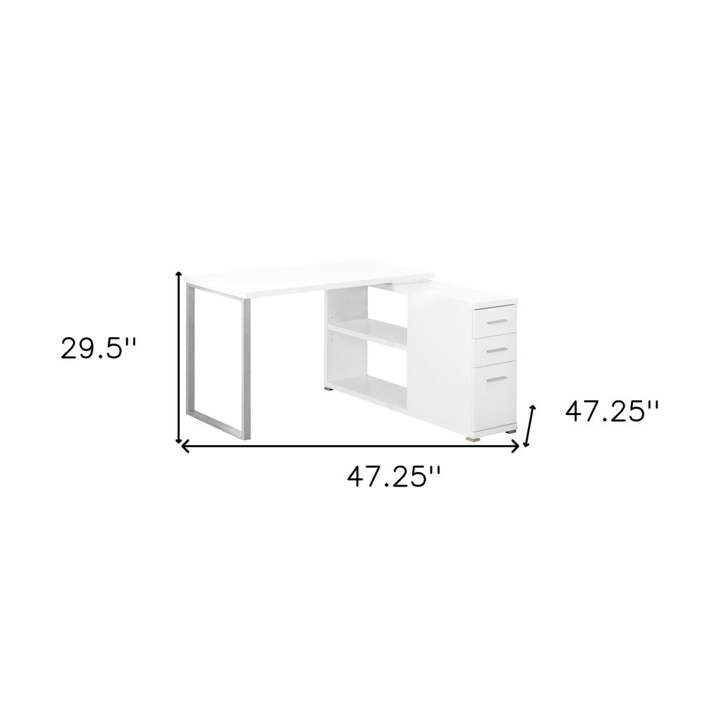 47" White and Silver L Shape Computer Desk With Three Drawers
