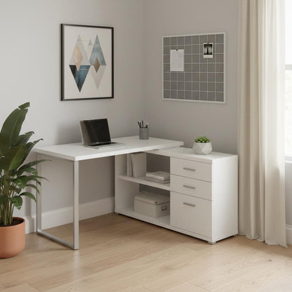 47" White and Silver L Shape Computer Desk With Three Drawers