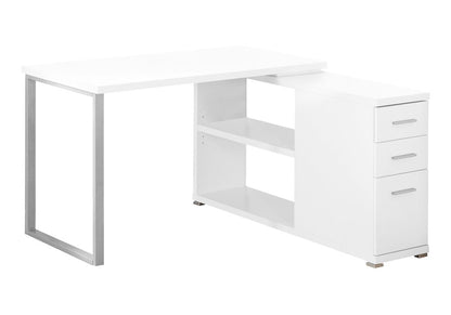 47" White and Silver L Shape Computer Desk With Three Drawers