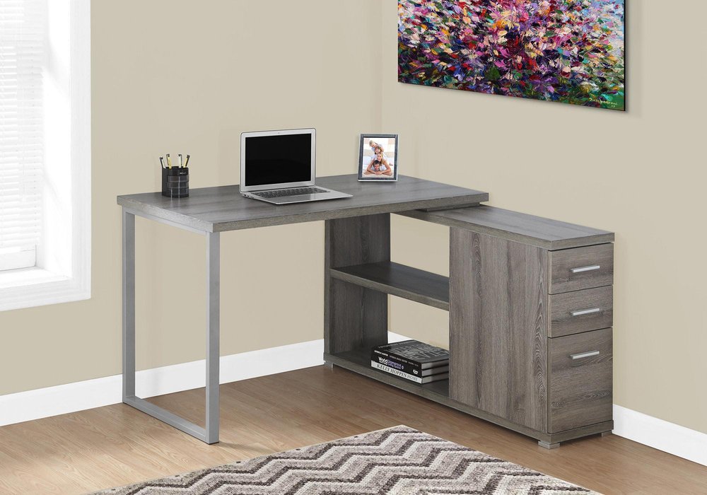 47" White and Silver L Shape Computer Desk With Three Drawers