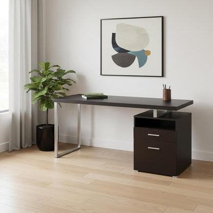 60" Dark Brown and Silver Computer Desk With Two Drawers