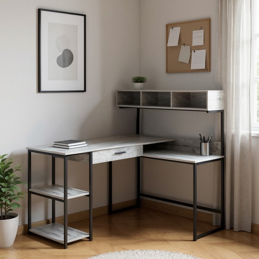 59" Taupe and Black L Shape Computer Desk