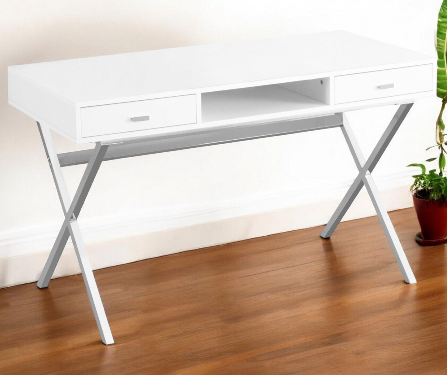 24" White and Silver Computer Desk With Two Drawers