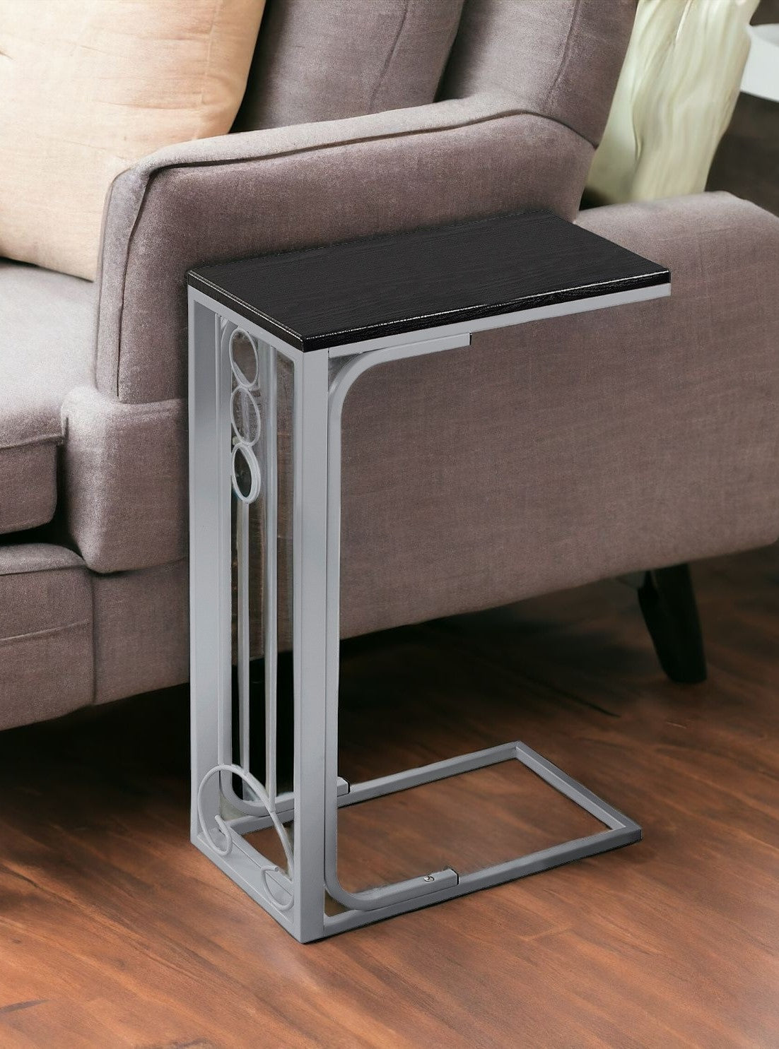 60" Gray And Black Wood And Metal End Table