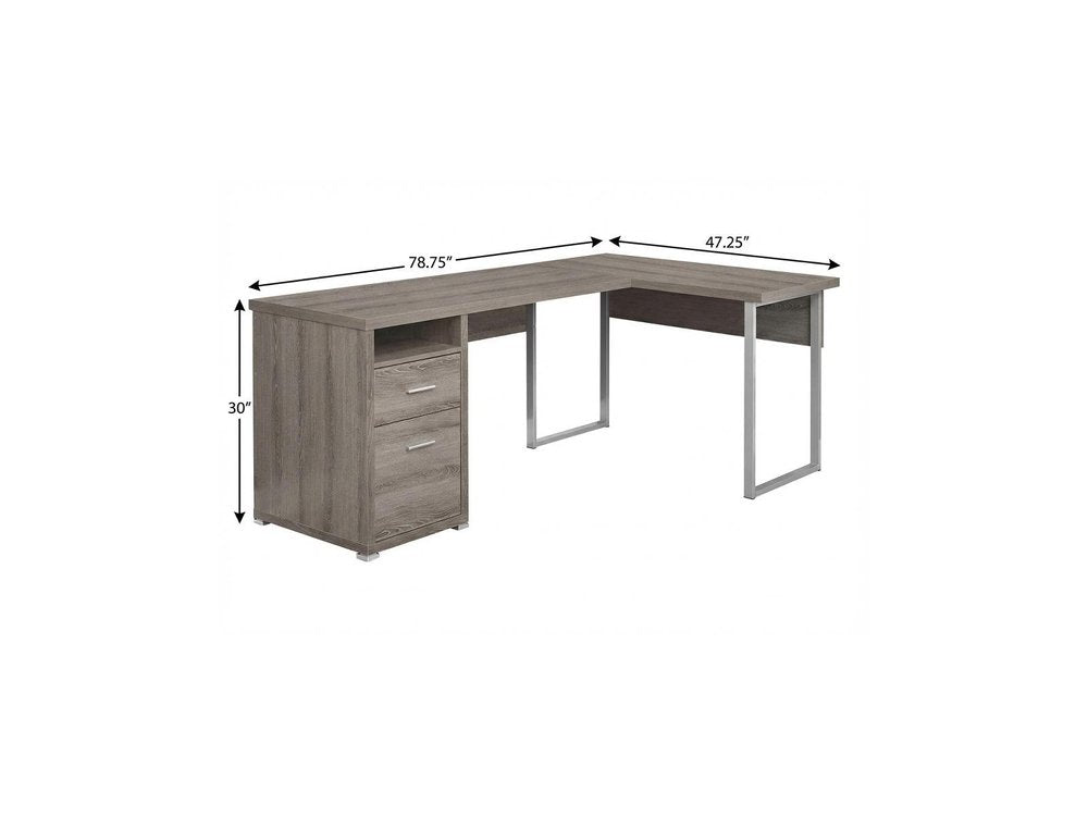 78" Gray and Silver L Shape Computer Desk With Two Drawers