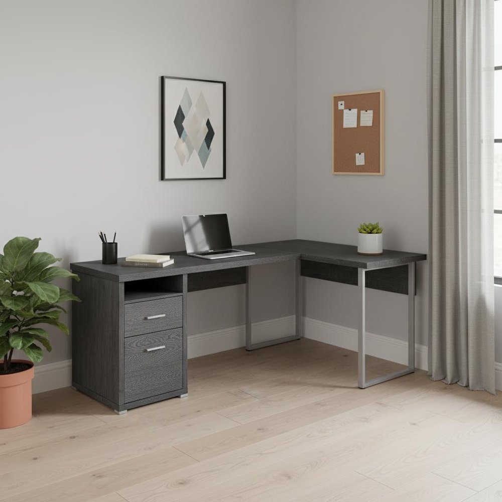 78" Gray and Silver L Shape Computer Desk With Two Drawers