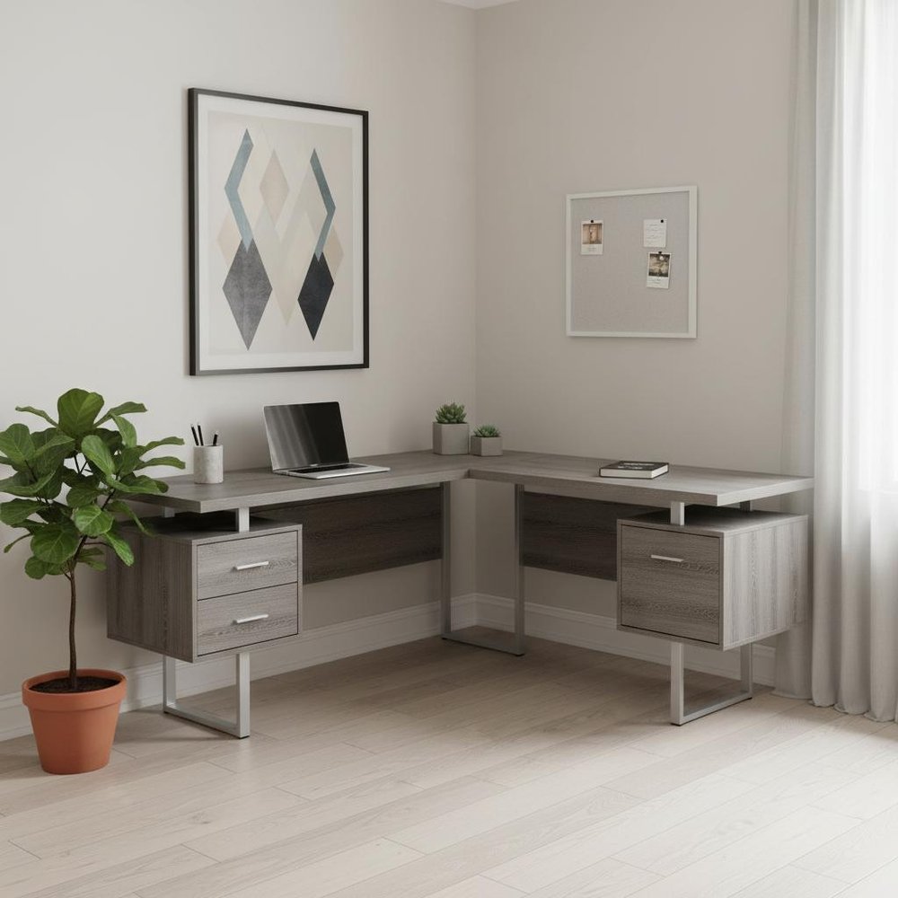 71" Brown and Silver L Shape Computer Desk With Three Drawers