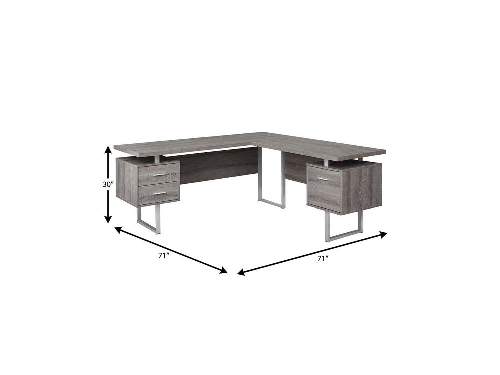 71" Brown and Silver L Shape Computer Desk With Three Drawers
