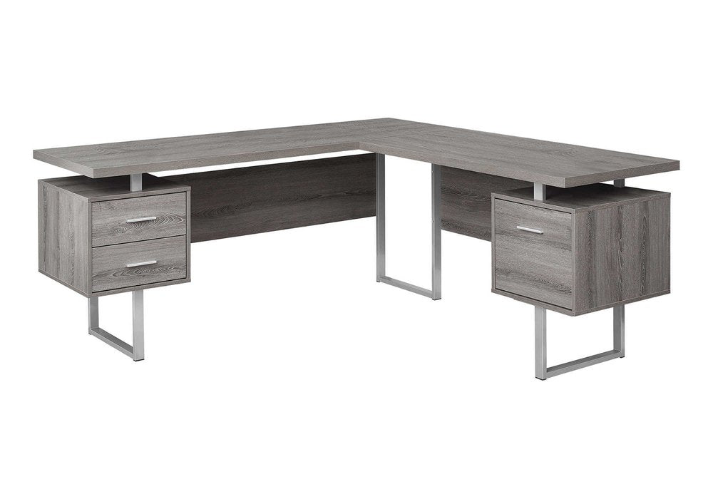 71" Taupe and Silver L Shape Computer Desk With Three Drawers