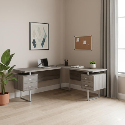 71" Taupe and Silver L Shape Computer Desk With Three Drawers