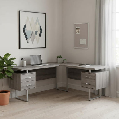 71" Taupe and Silver L Shape Computer Desk With Three Drawers