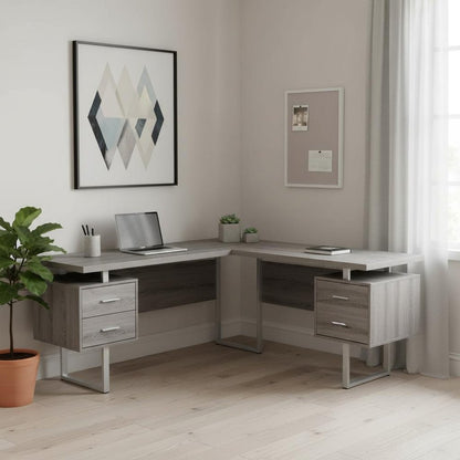 71" Taupe and Silver L Shape Computer Desk With Three Drawers