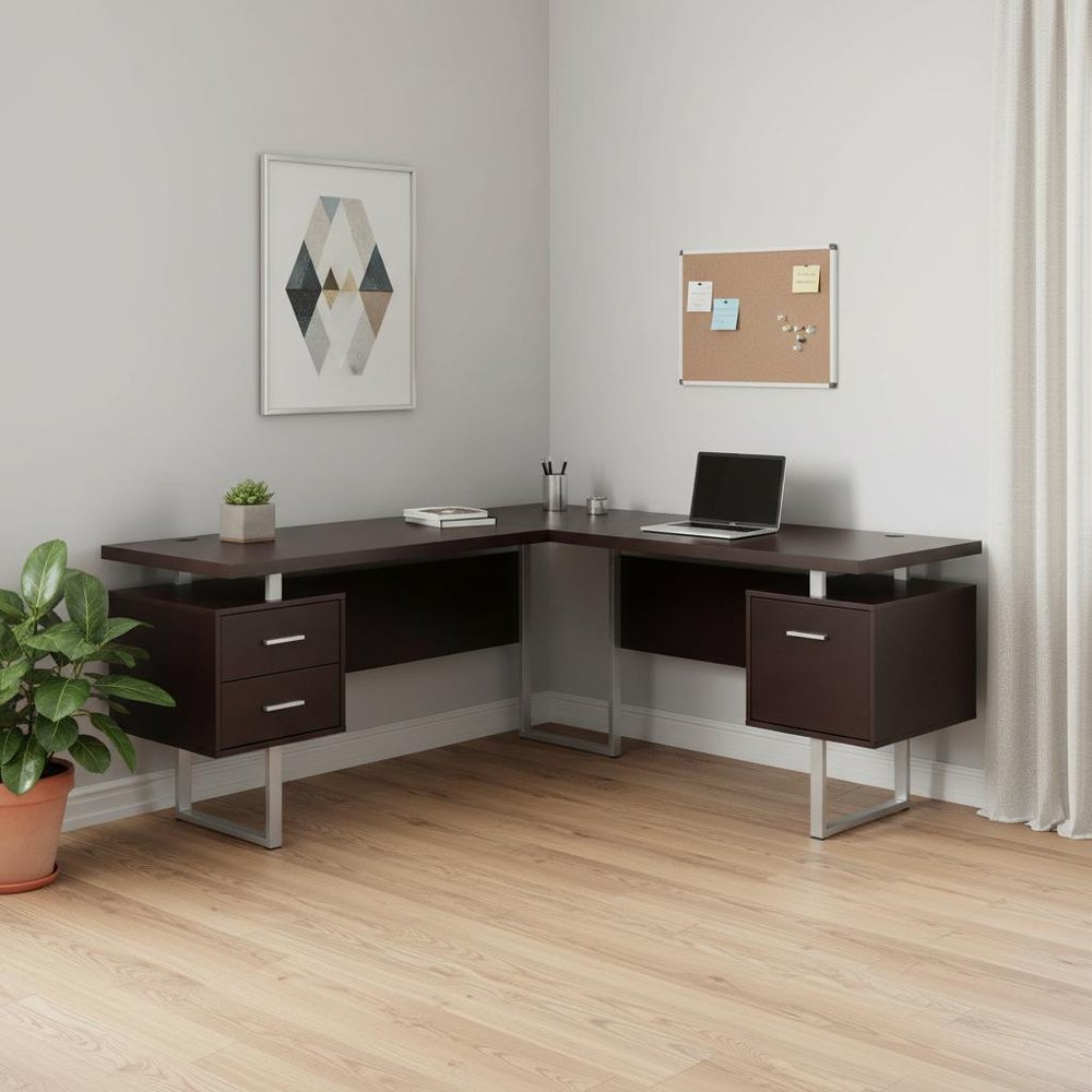 71" Gray and Silver L Shape Computer Desk With Three Drawers