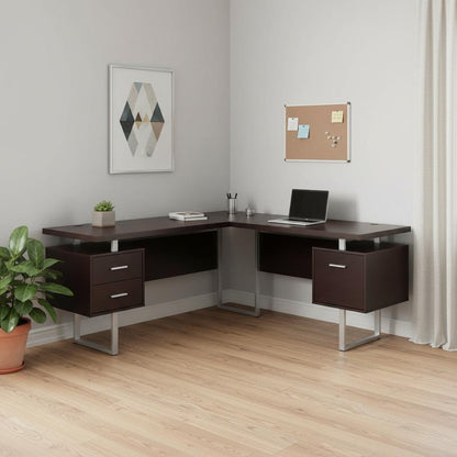 71" Taupe and Silver L Shape Computer Desk With Three Drawers