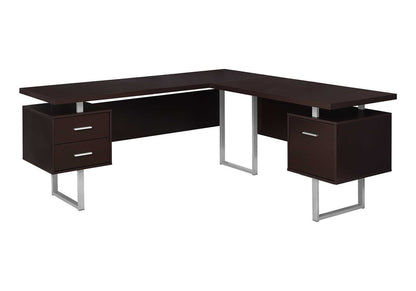 71" Brown and Silver L Shape Computer Desk With Three Drawers