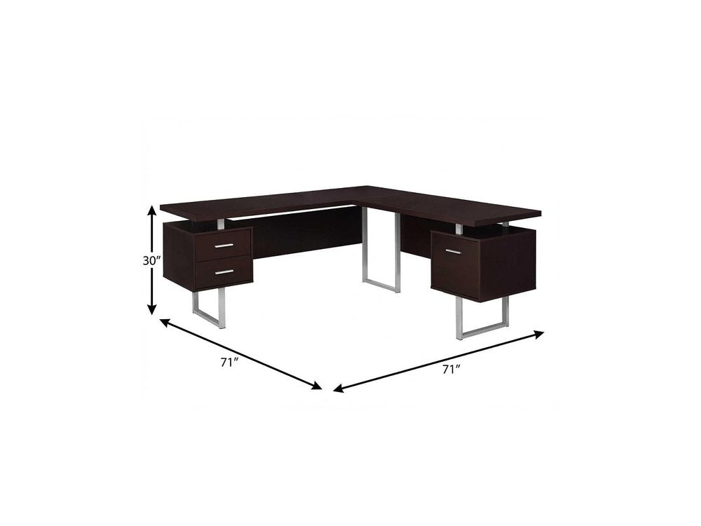 71" Gray and Silver L Shape Computer Desk With Three Drawers