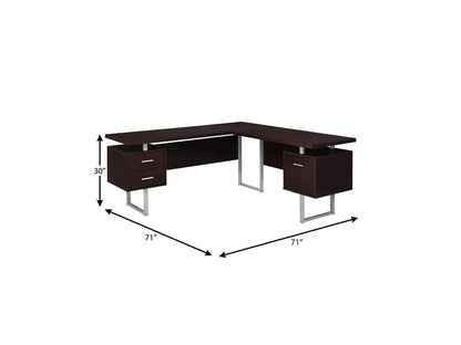 71" Brown and Silver L Shape Computer Desk With Three Drawers