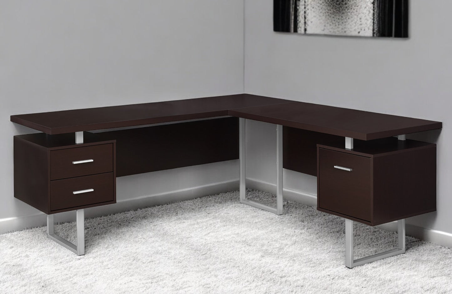 71" Gray and Black L Shape Computer Desk With Three Drawers