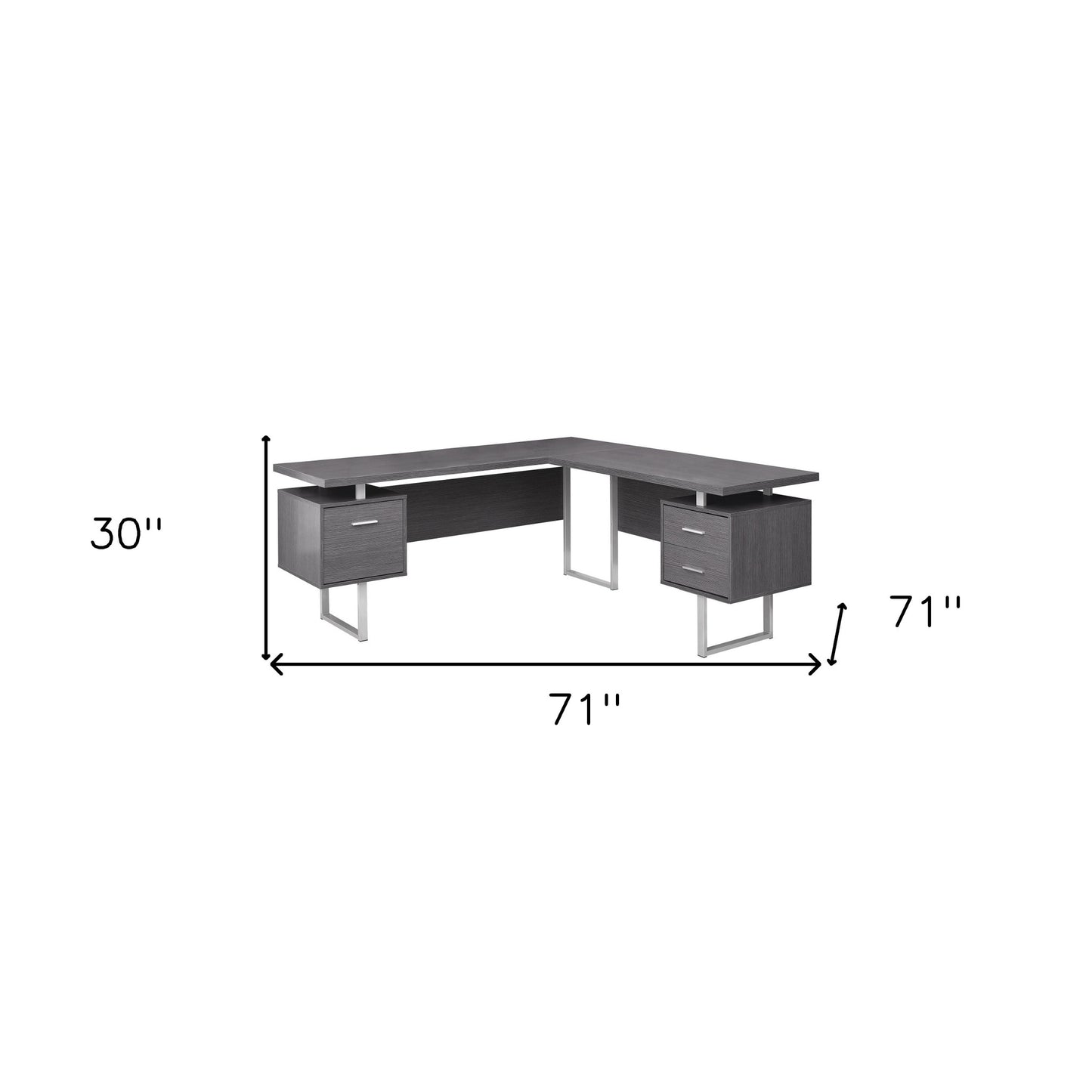 71" Gray and Black L Shape Computer Desk With Three Drawers