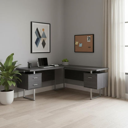 71" Taupe and Silver L Shape Computer Desk With Three Drawers